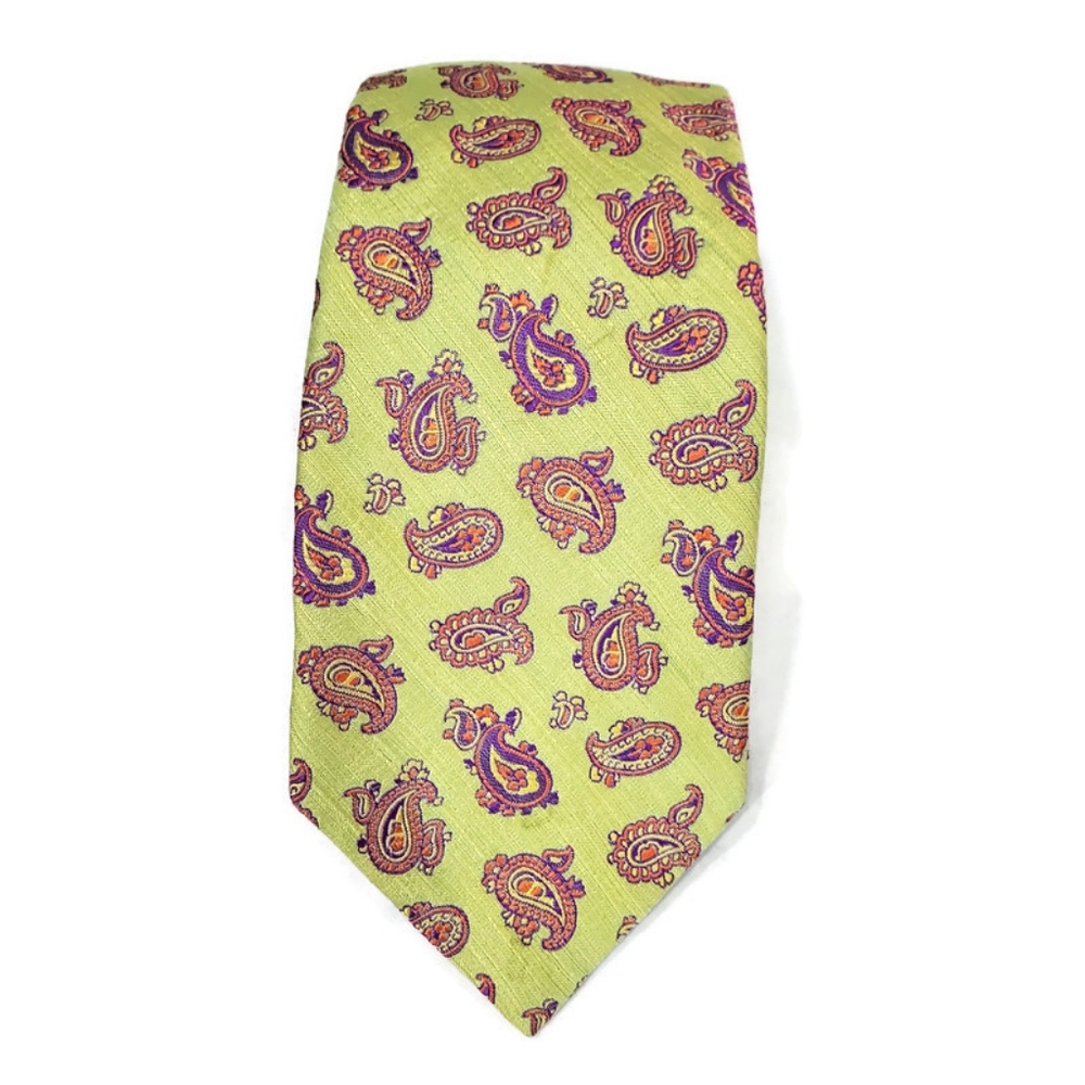 TED BAKER Lime Green Purple Orange Paisley Silk Tie Made In USA 58" x 3"